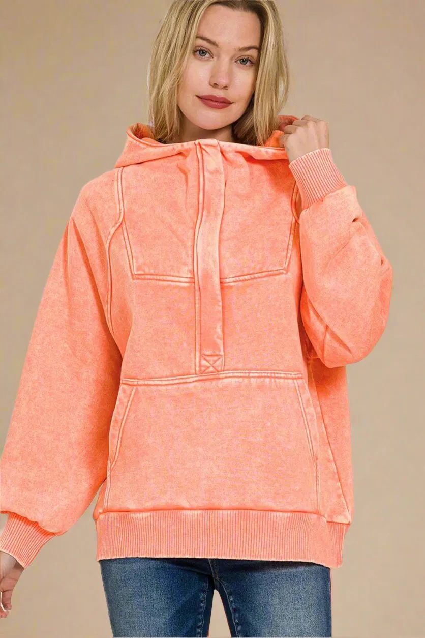 Acid Wash Fleece Lined Hoodie in Coral