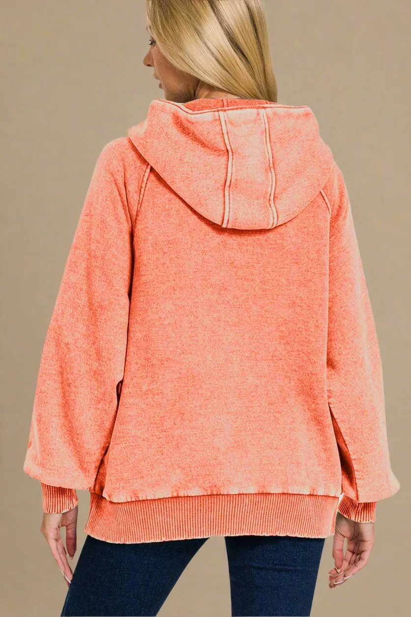 Acid Wash Fleece Lined Hoodie in Coral