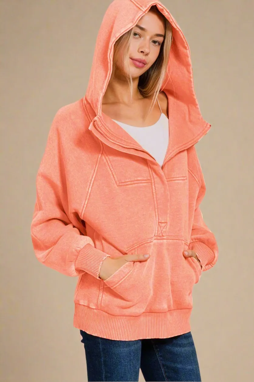 Acid Wash Fleece Lined Hoodie in Coral