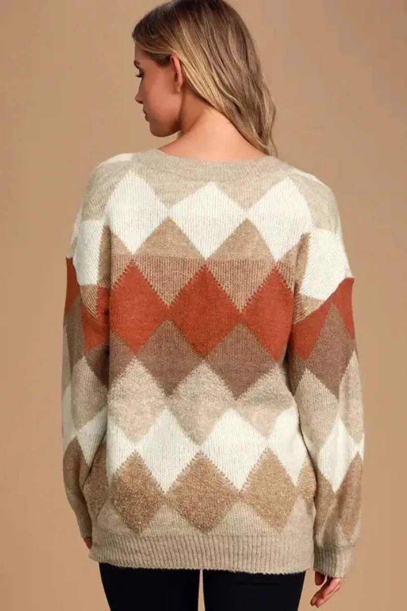 Anna Argyle Oversized V-Neck Sweater