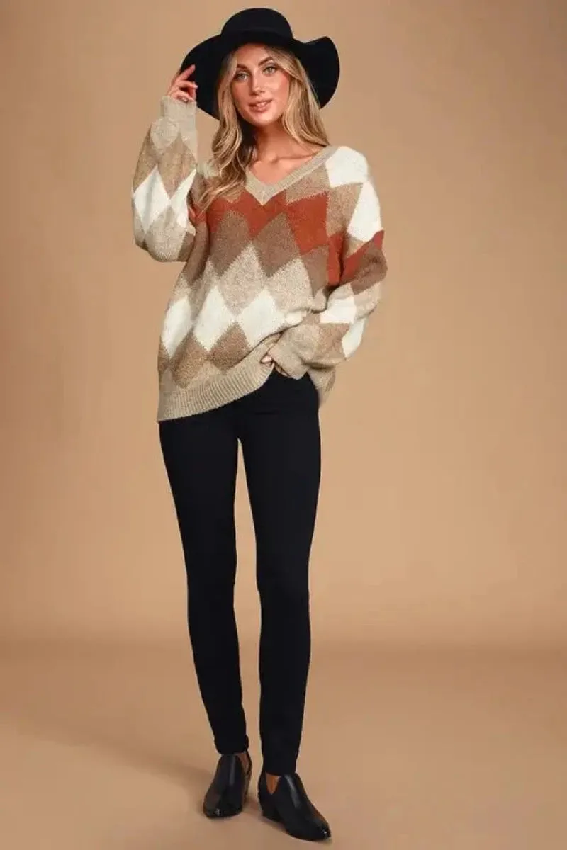 Anna Argyle Oversized V-Neck Sweater