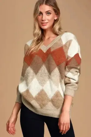 Anna Argyle Oversized V-Neck Sweater