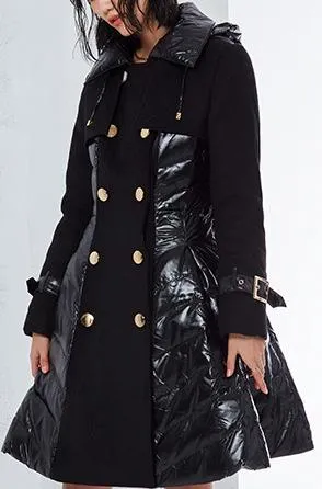 Black Flared Double-Breasted Puffer Coat