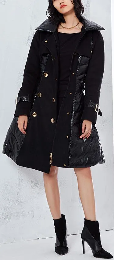 Black Flared Double-Breasted Puffer Coat