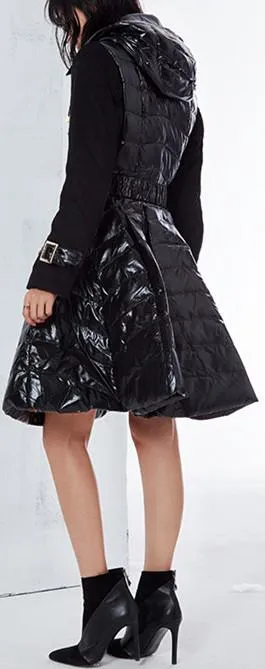 Black Flared Double-Breasted Puffer Coat