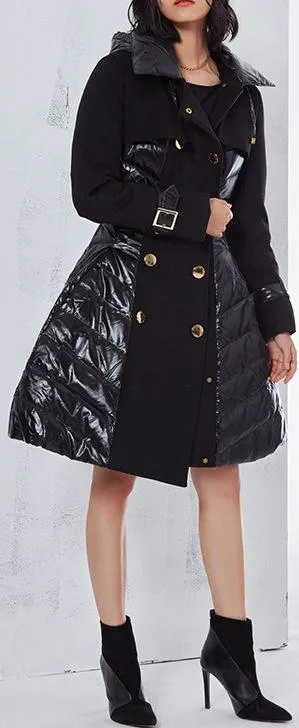 Black Flared Double-Breasted Puffer Coat