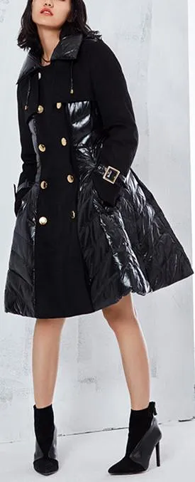 Black Flared Double-Breasted Puffer Coat