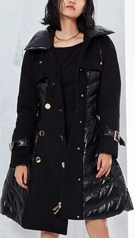Black Flared Double-Breasted Puffer Coat