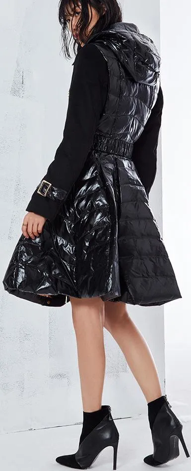 Black Flared Double-Breasted Puffer Coat