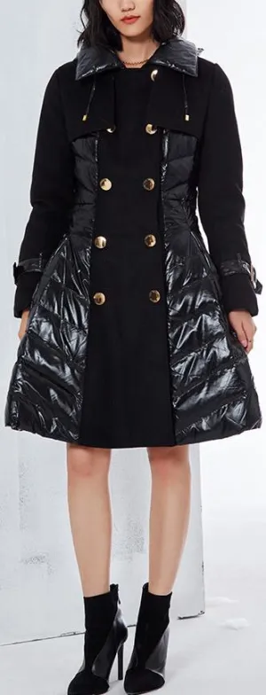 Black Flared Double-Breasted Puffer Coat