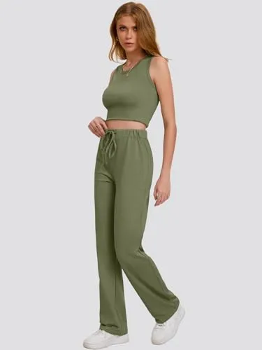 Bloggerlove Womens 2 Piece Outfits Summer Top and Pants Sets Trendy Matching Loungewear 2024 Lounge Tracksuits Fashion
