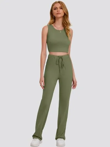 Bloggerlove Womens 2 Piece Outfits Summer Top and Pants Sets Trendy Matching Loungewear 2024 Lounge Tracksuits Fashion