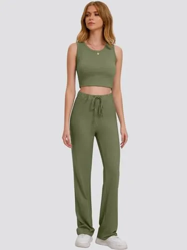 Bloggerlove Womens 2 Piece Outfits Summer Top and Pants Sets Trendy Matching Loungewear 2024 Lounge Tracksuits Fashion