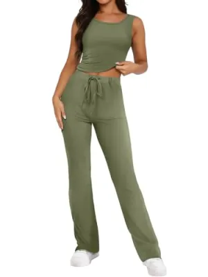 Bloggerlove Womens 2 Piece Outfits Summer Top and Pants Sets Trendy Matching Loungewear 2024 Lounge Tracksuits Fashion