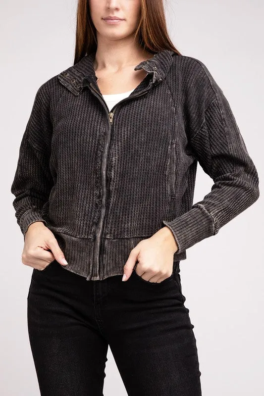 Bohemian Acid Wash Cotton Waffle Hooded Zip-Up Jacket