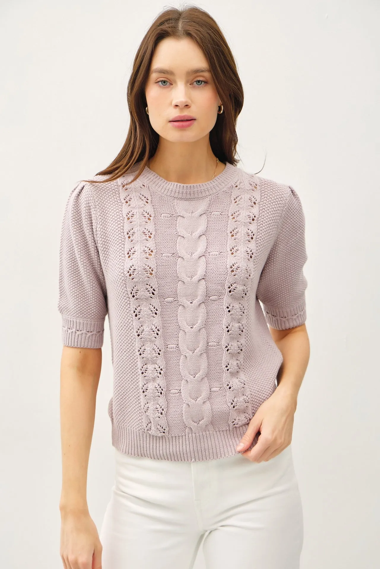 CHUNKY PUFF SHORT SLEEVE CABLE KNIT SWEATER