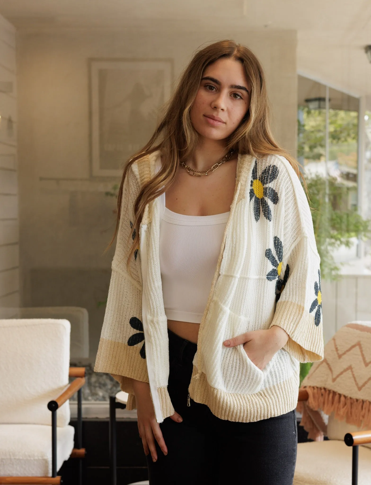 Daisy Hooded Crochet Quarter Sleeve Top