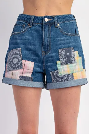 Dark Wash Patch Work Shorts