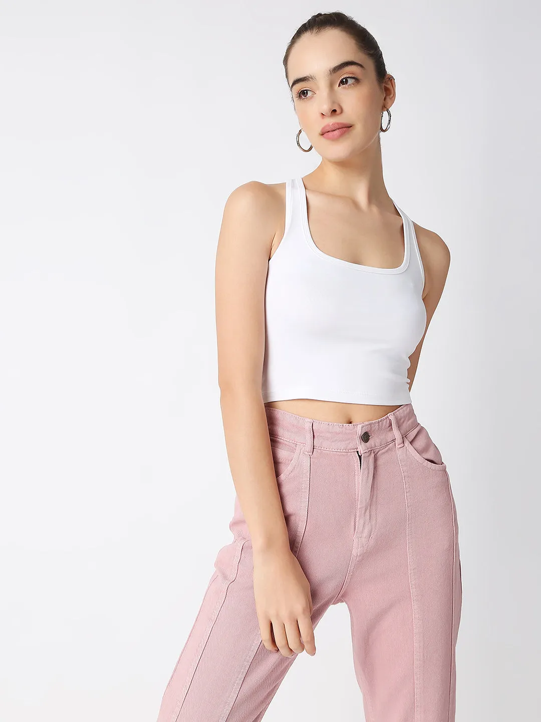 Disrupt Women White Criss Cross Back Scoop Neck Slim Crop Top