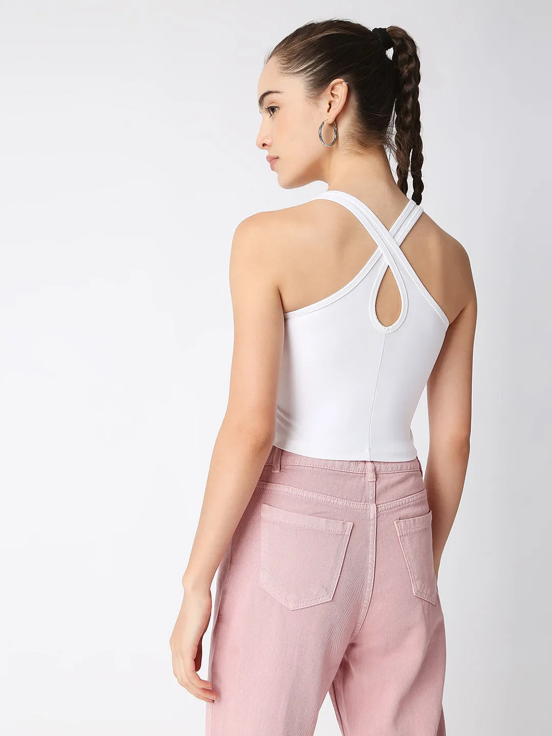 Disrupt Women White Criss Cross Back Scoop Neck Slim Crop Top