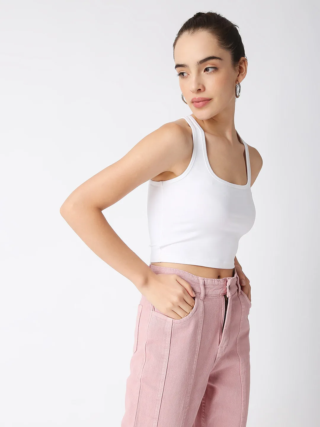 Disrupt Women White Criss Cross Back Scoop Neck Slim Crop Top