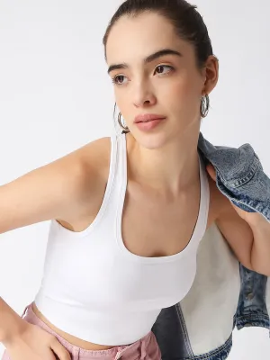 Disrupt Women White Criss Cross Back Scoop Neck Slim Crop Top