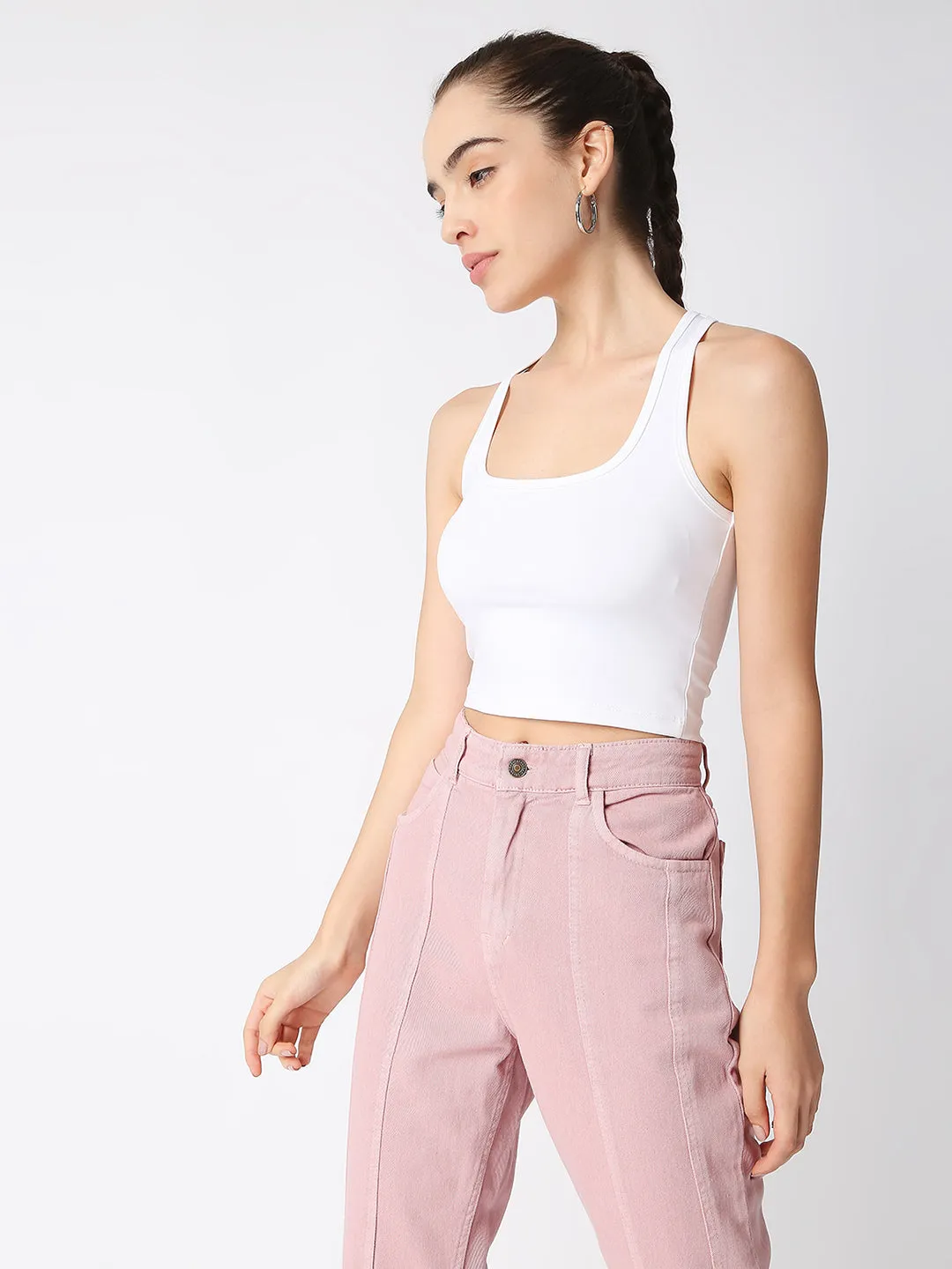 Disrupt Women White Criss Cross Back Scoop Neck Slim Crop Top