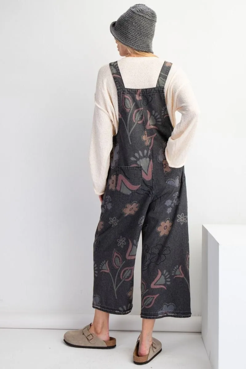 Easel Floral Print Washed Denim Jumpsuit Pants