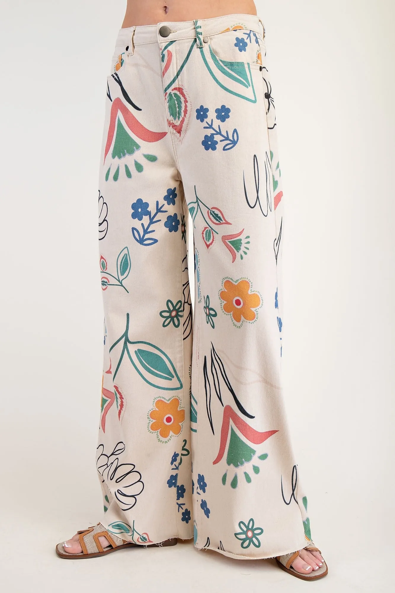 Easel Printed Washed Twill Wide Pants
