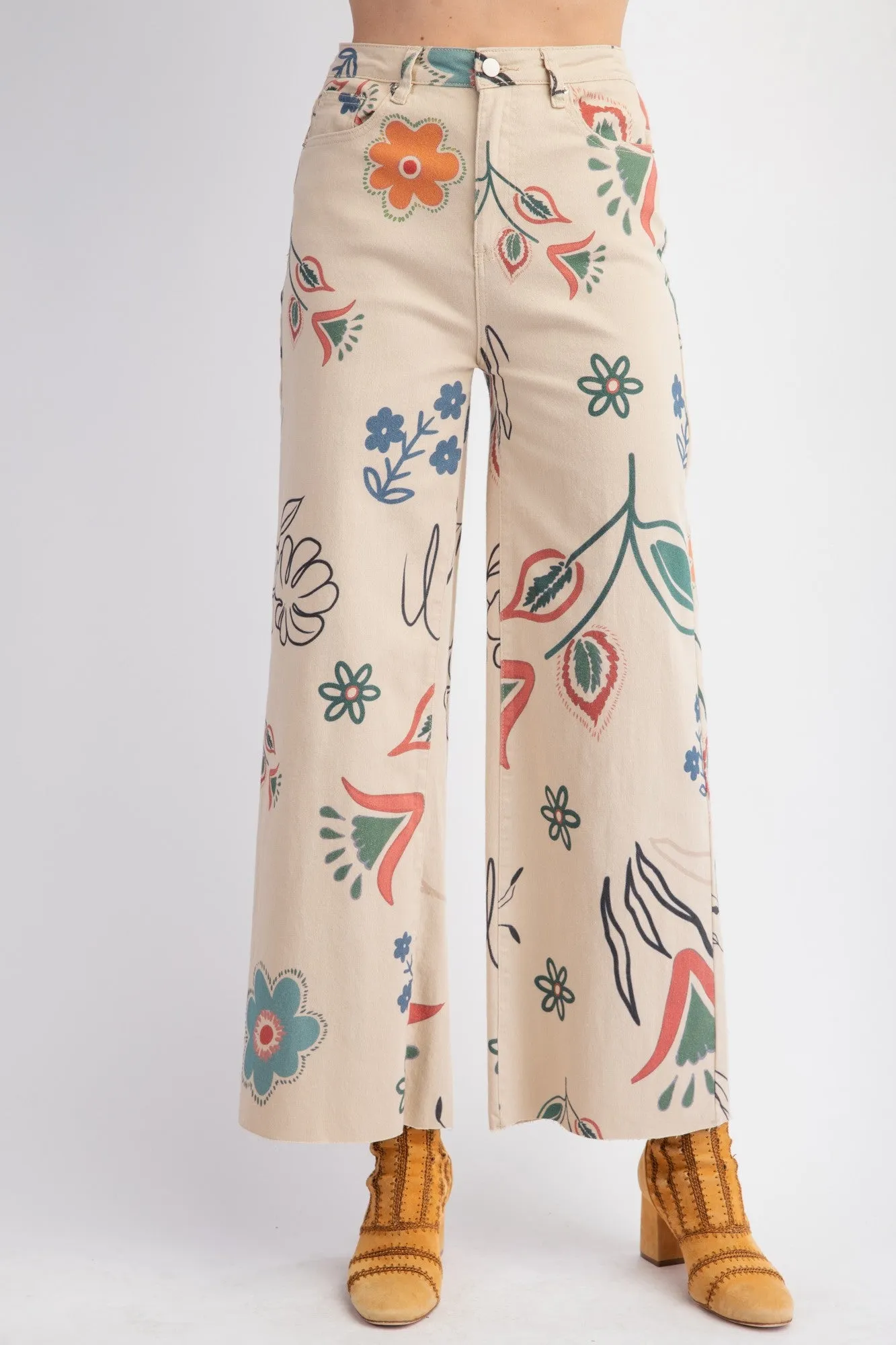 Easel Printed Washed Twill Wide Pants