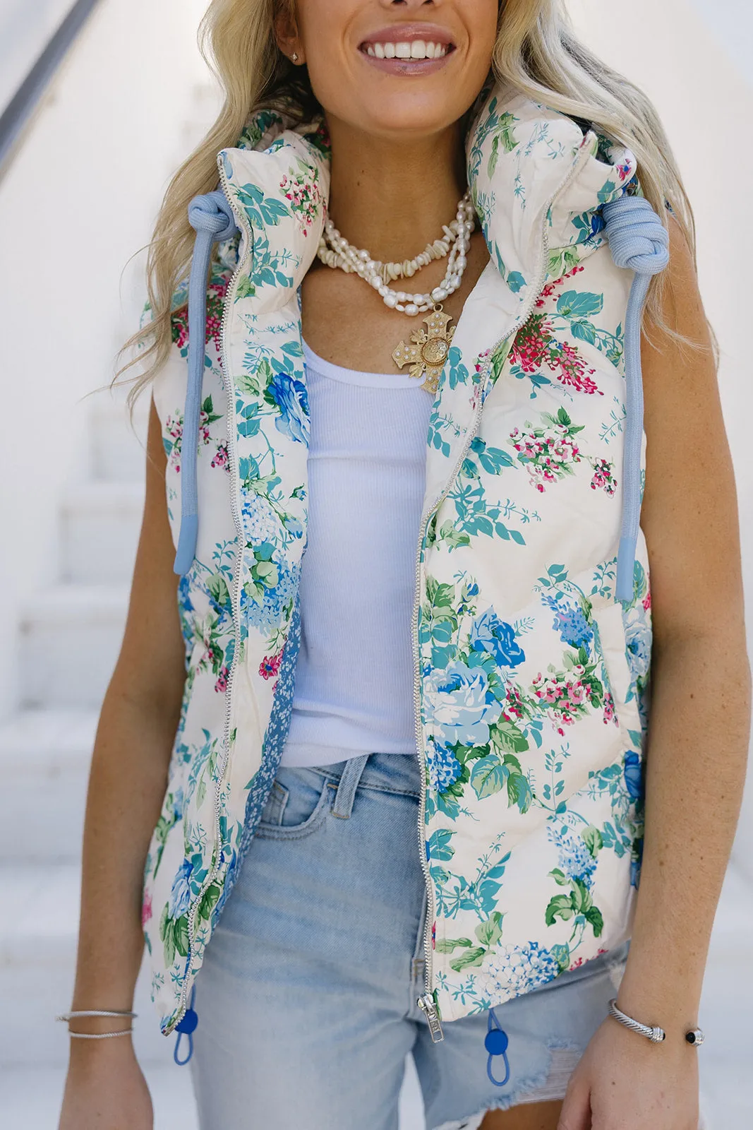 Fancy Florals Puffer Vest - Blue