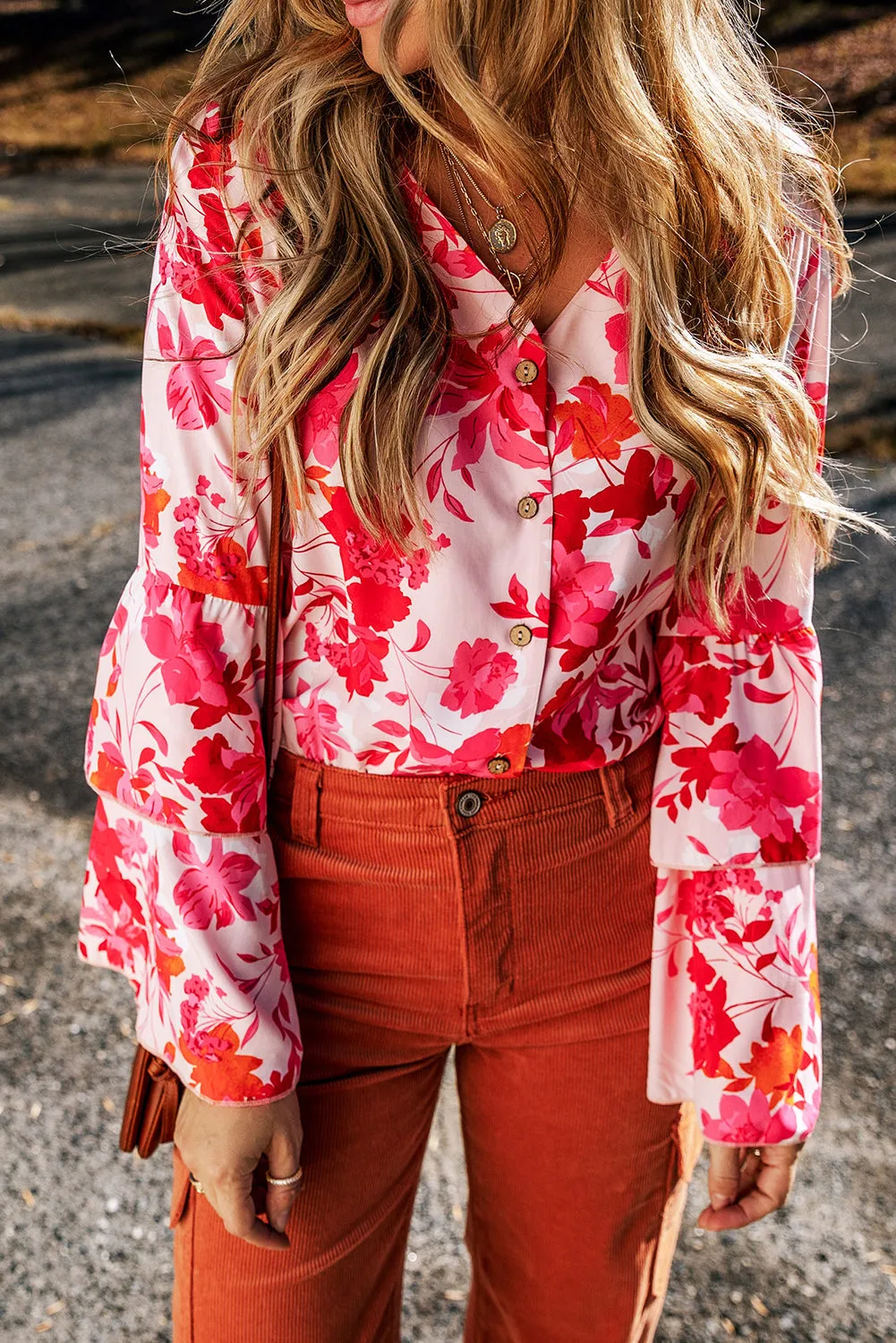 Floral Print Tiered Bell Buttoned Bodysuit