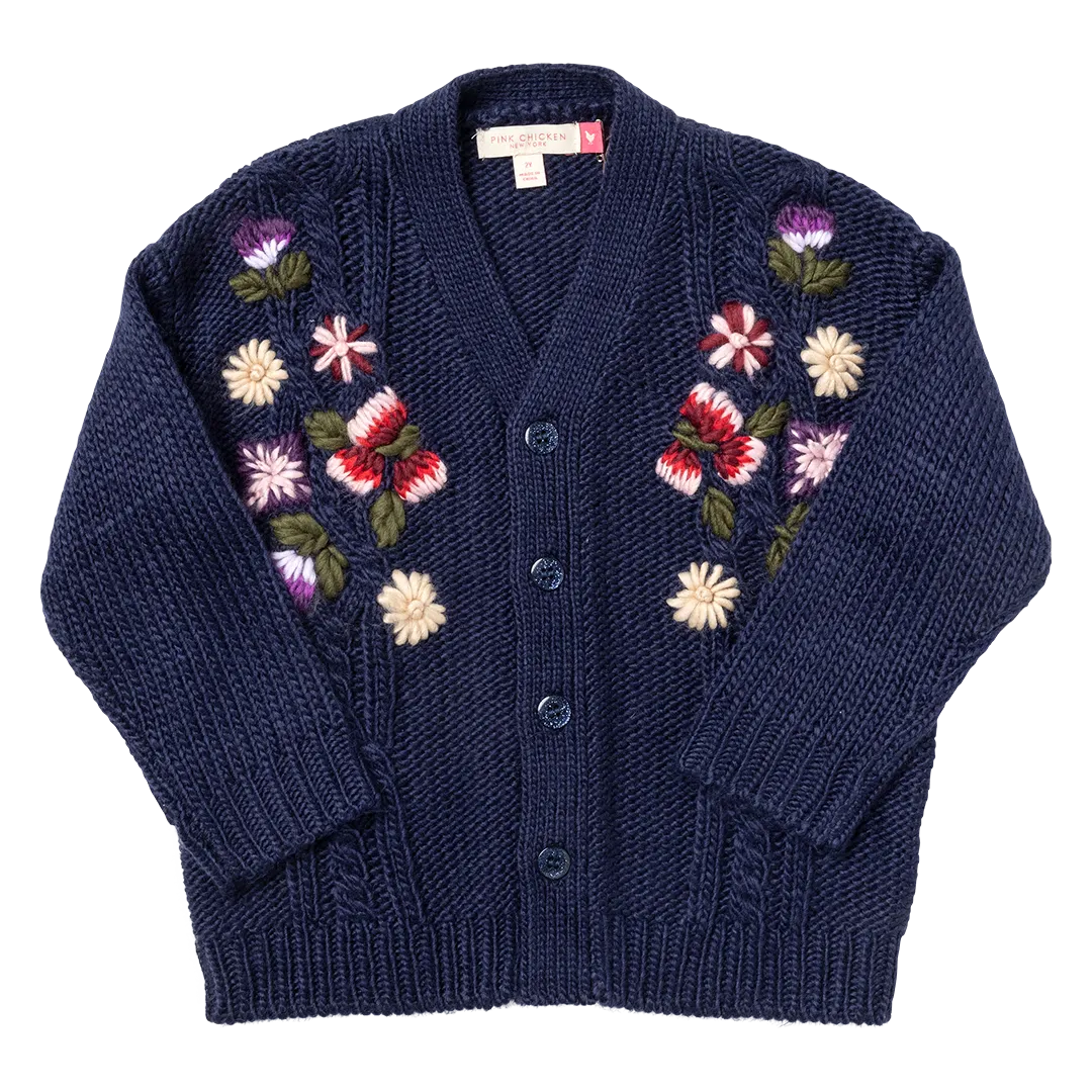 Girls Grandpa Sweater - Navy Floral Embroidery