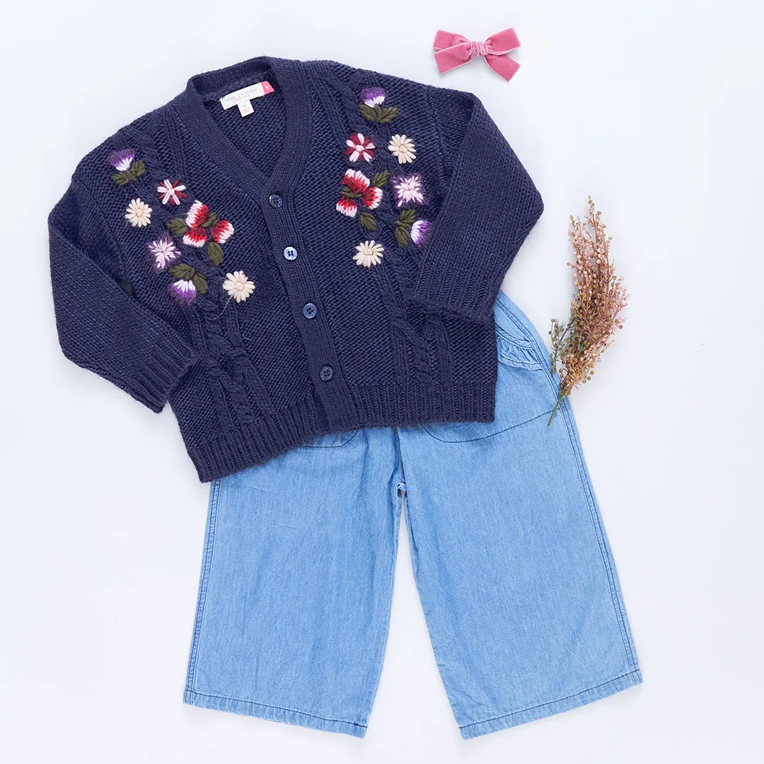Girls Grandpa Sweater - Navy Floral Embroidery