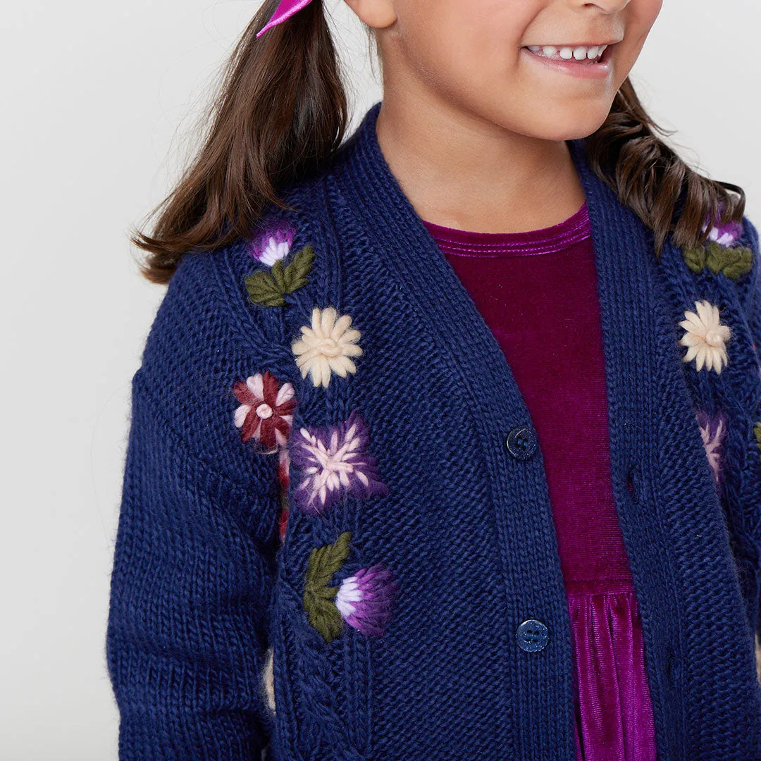 Girls Grandpa Sweater - Navy Floral Embroidery