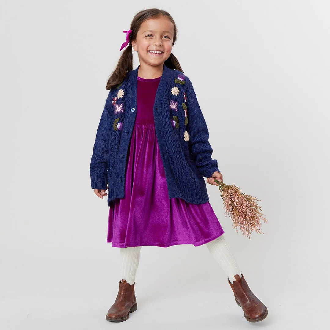 Girls Grandpa Sweater - Navy Floral Embroidery
