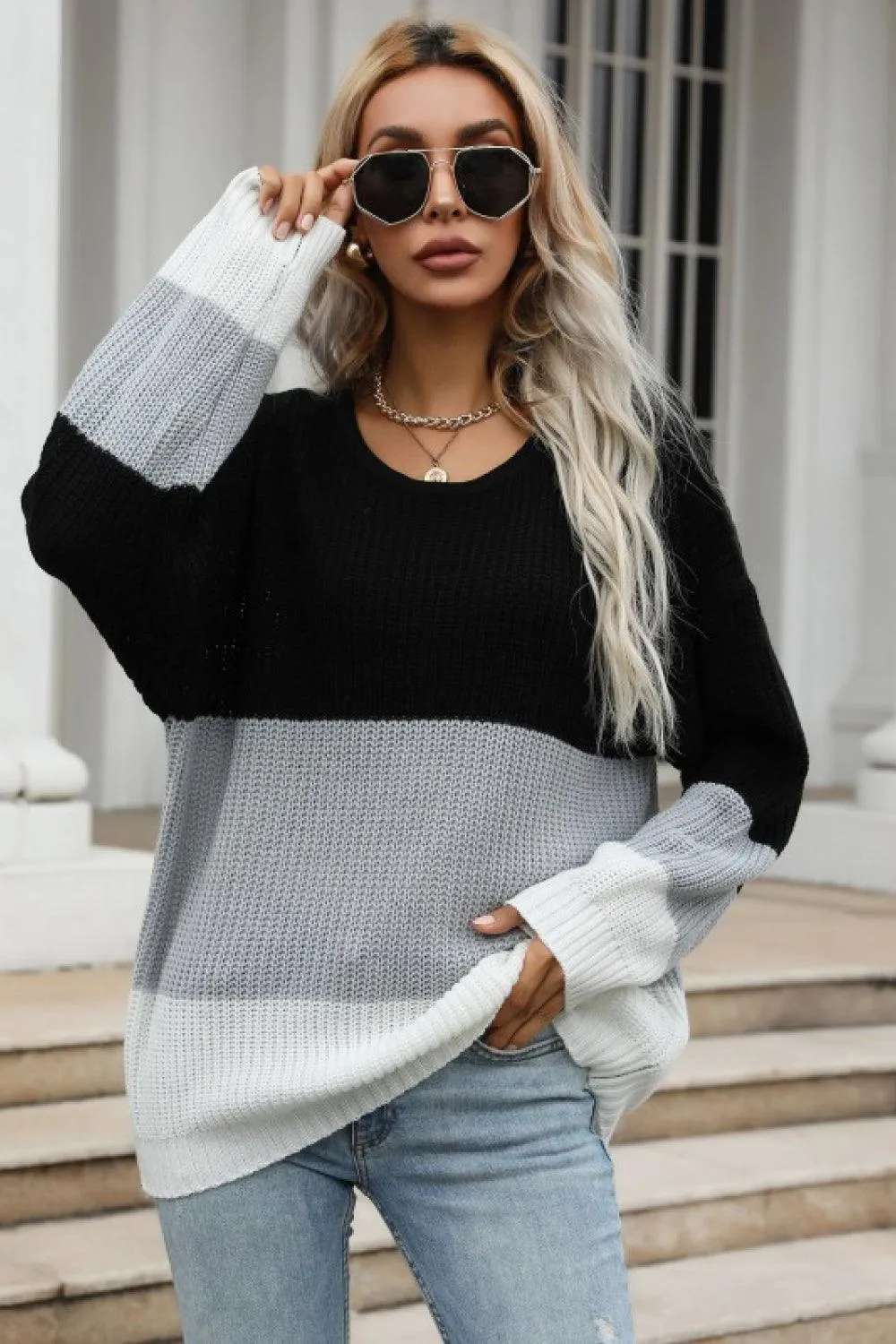 Gladden Color Block Long Sleeve Chunky Knit Sweater