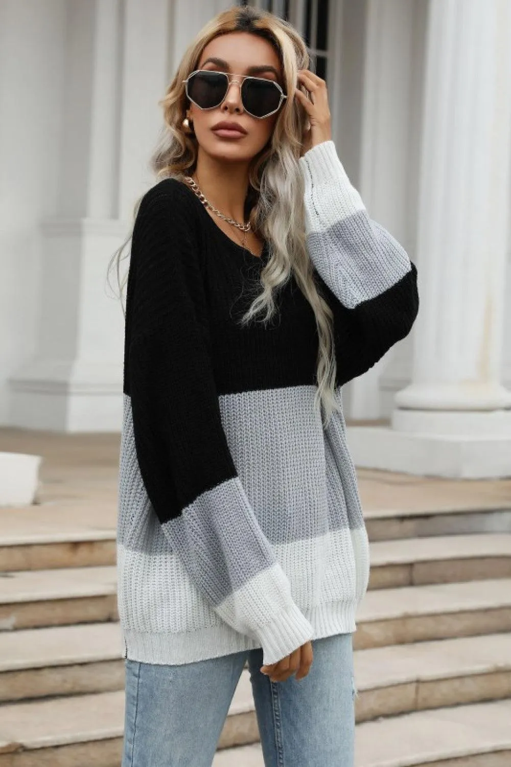 Gladden Color Block Long Sleeve Chunky Knit Sweater