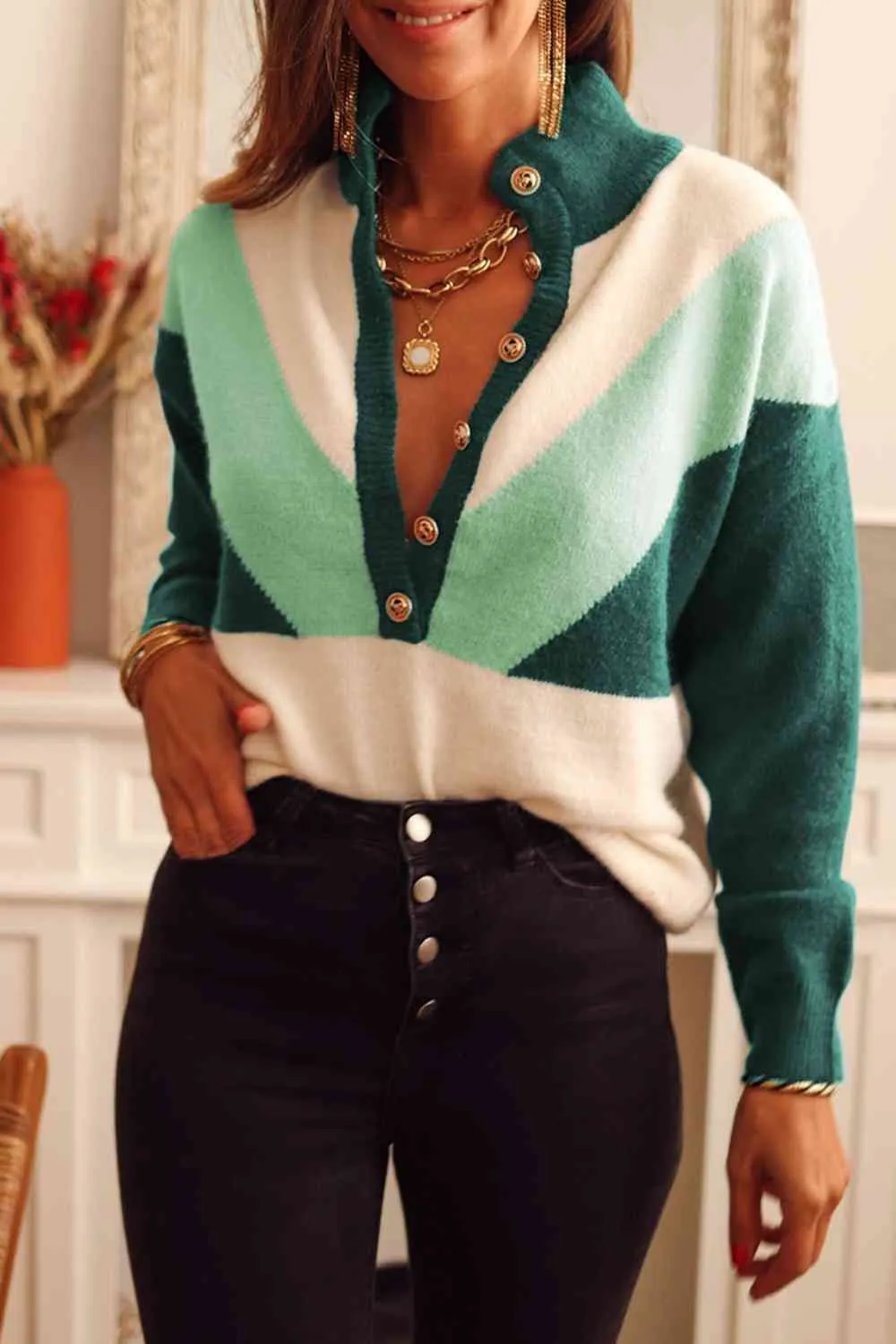 Green Color Block Buttoned Sweater