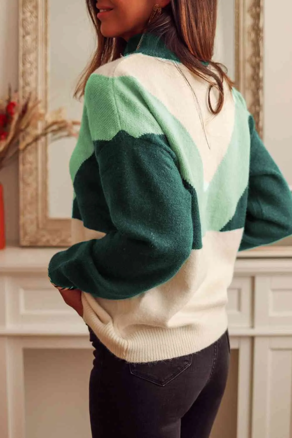 Green Color Block Buttoned Sweater