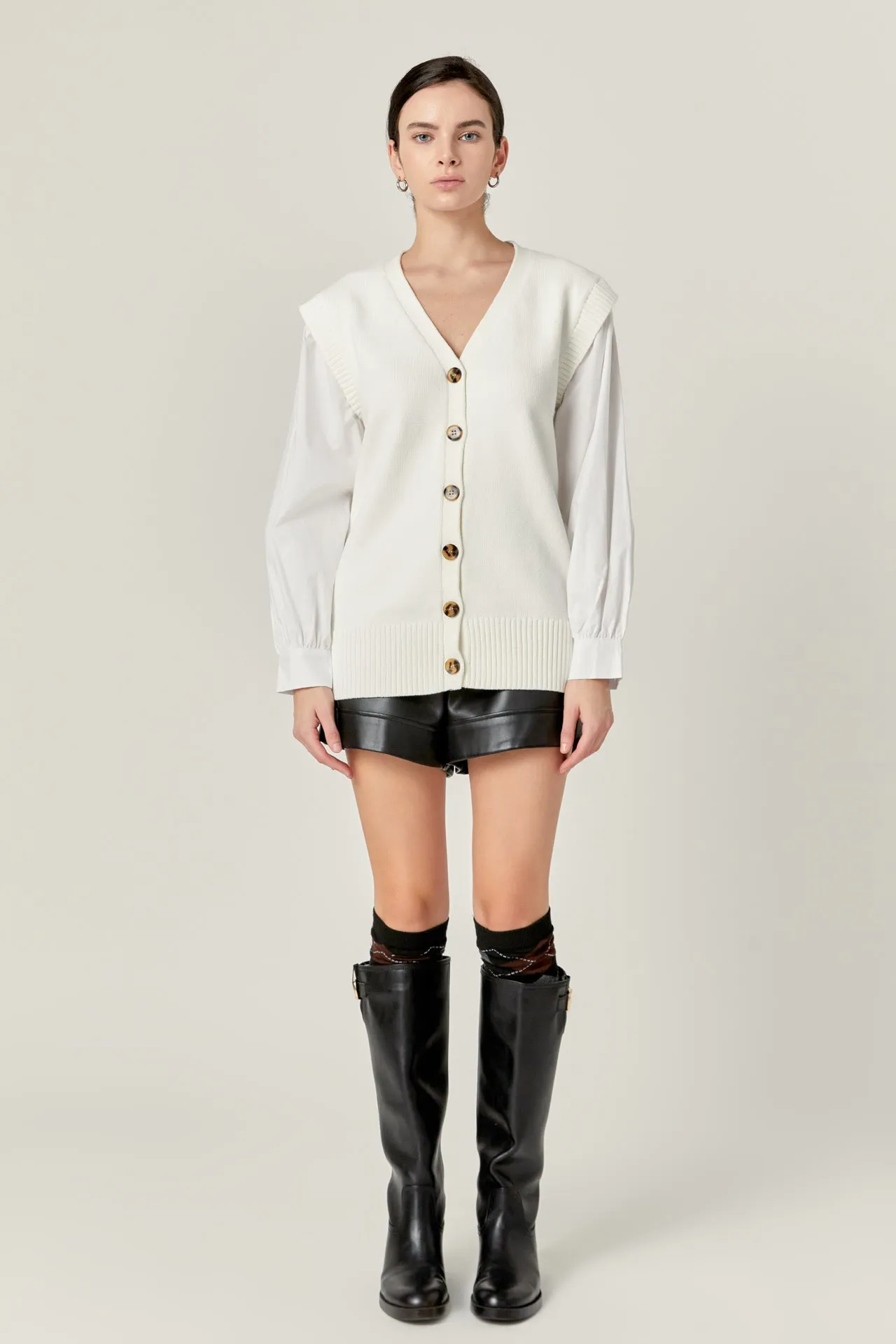 Knit and Poplin Combo Cardigan