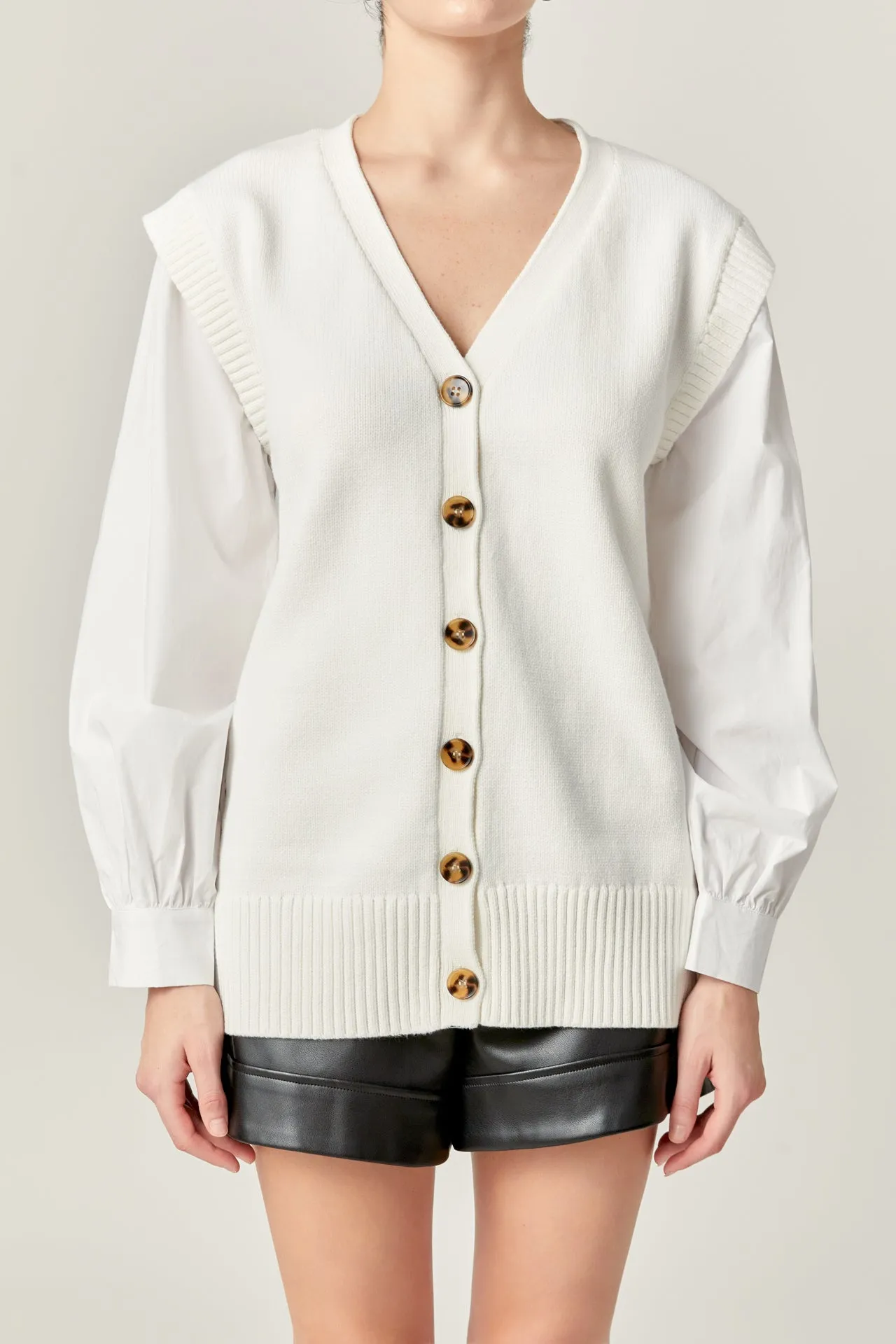 Knit and Poplin Combo Cardigan