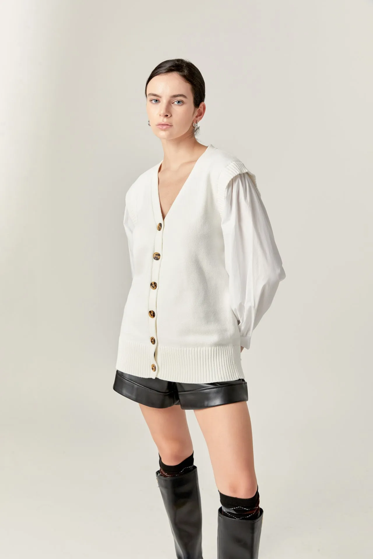 Knit and Poplin Combo Cardigan