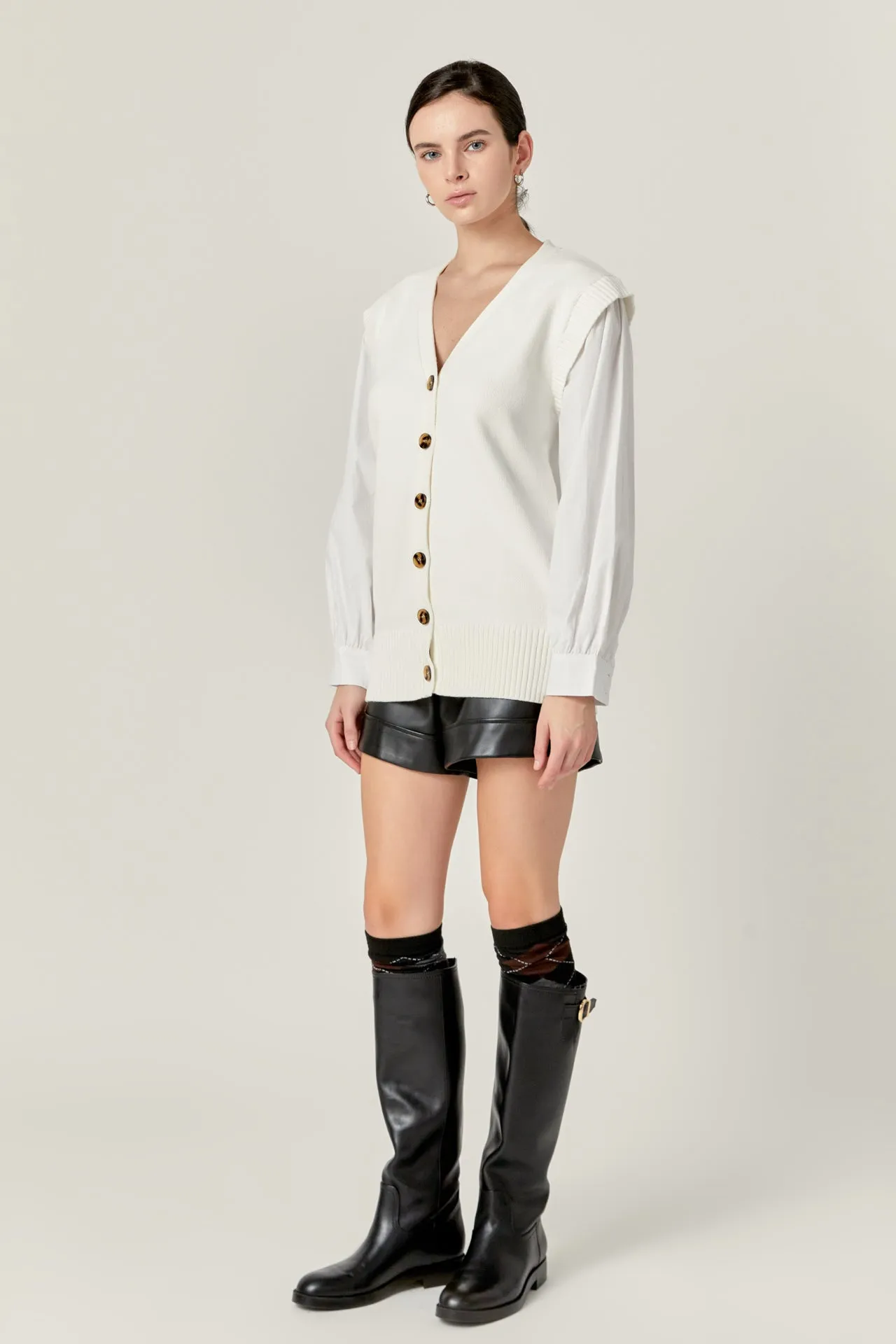 Knit and Poplin Combo Cardigan