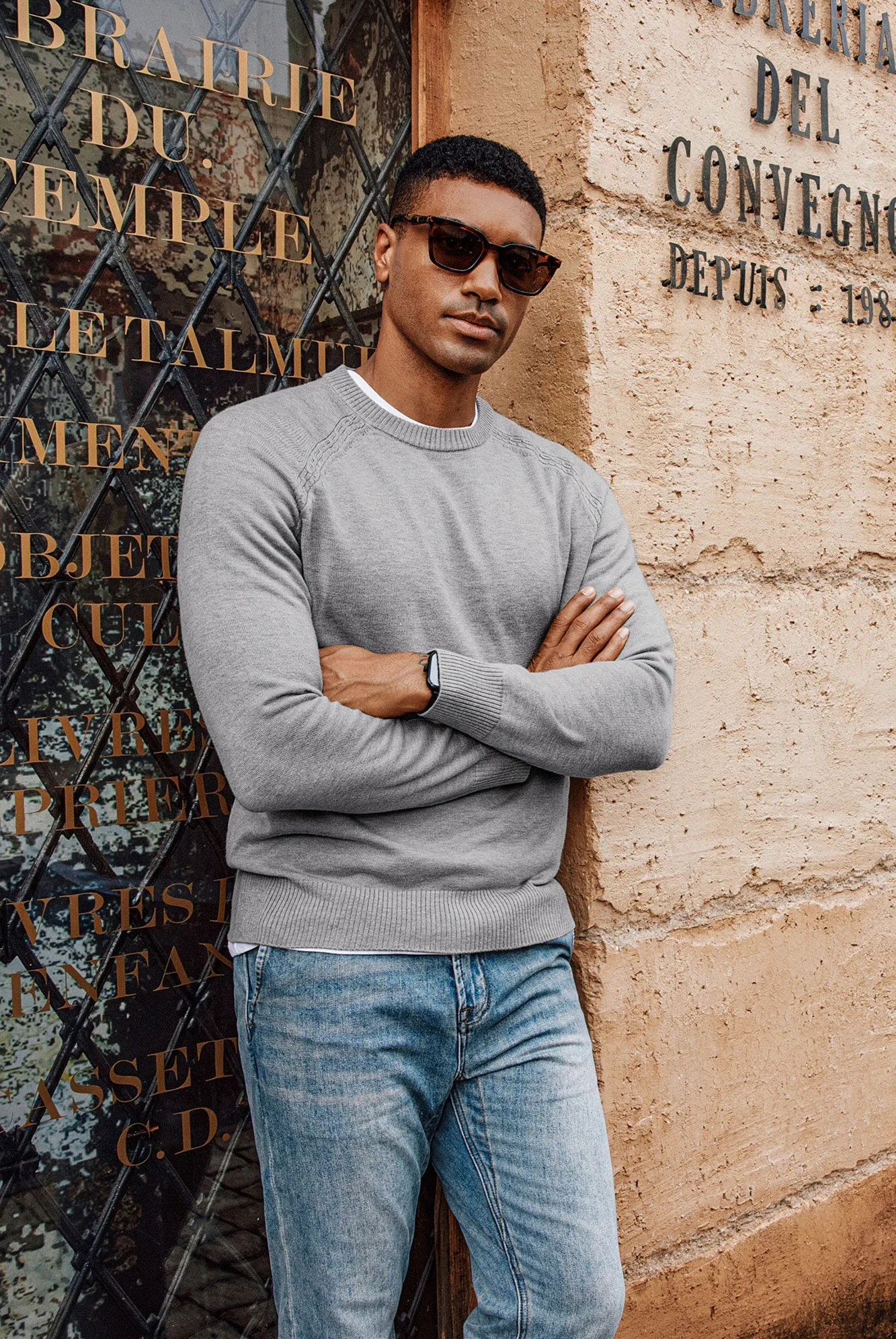 Men Stylish Sweater Long Raglan Sleeve Crew Neck Ribbed Cuff Pullover
