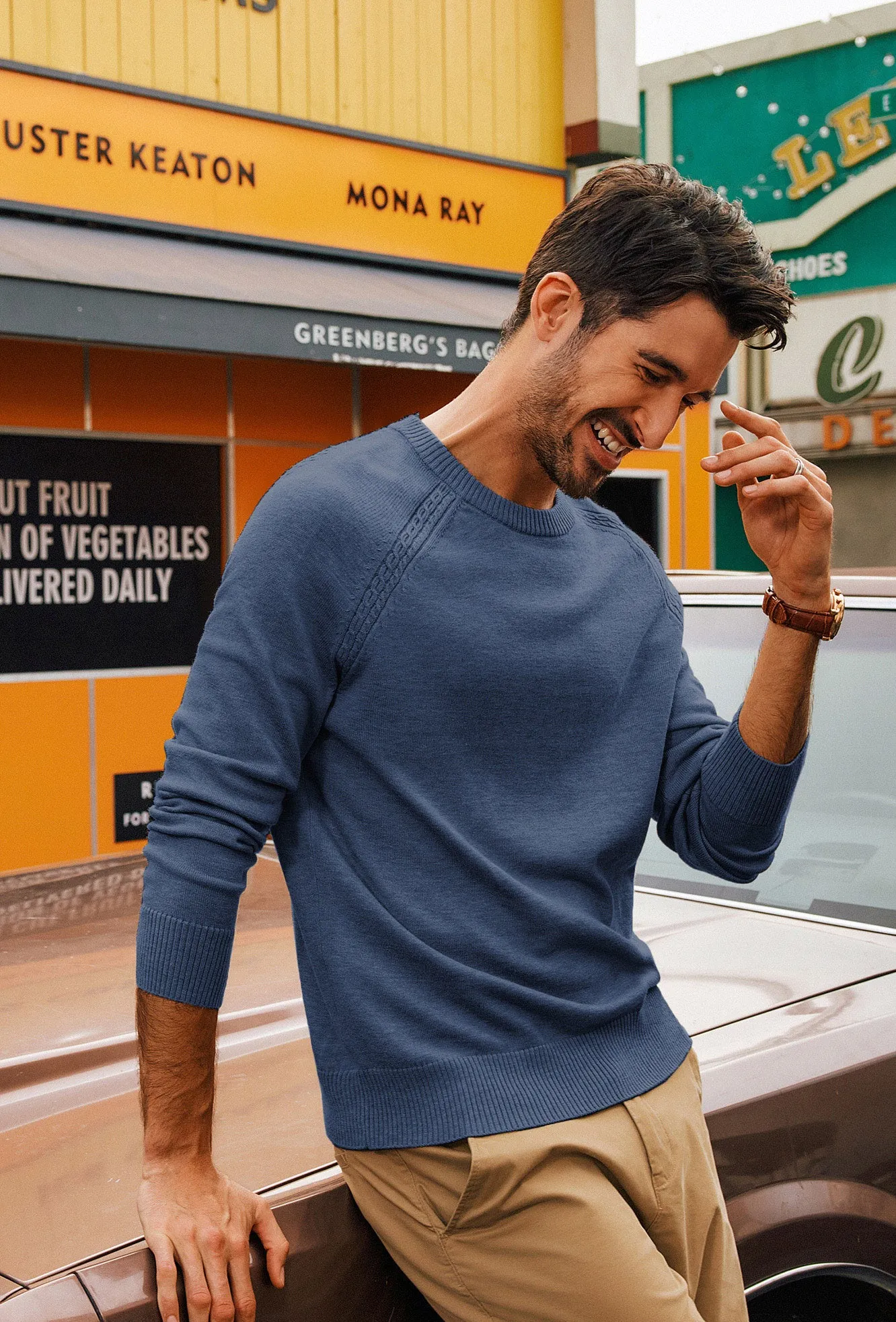 Men Stylish Sweater Long Raglan Sleeve Crew Neck Ribbed Cuff Pullover