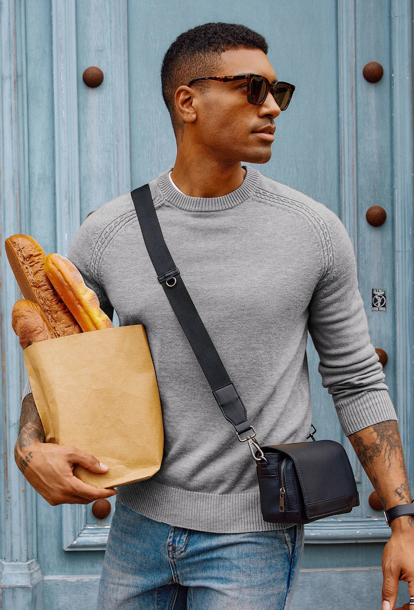Men Stylish Sweater Long Raglan Sleeve Crew Neck Ribbed Cuff Pullover