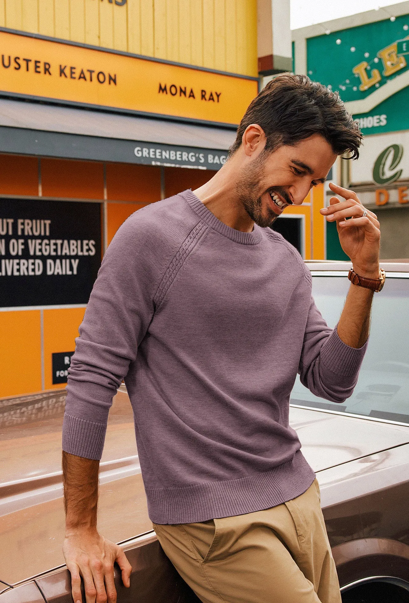 Men Stylish Sweater Long Raglan Sleeve Crew Neck Ribbed Cuff Pullover