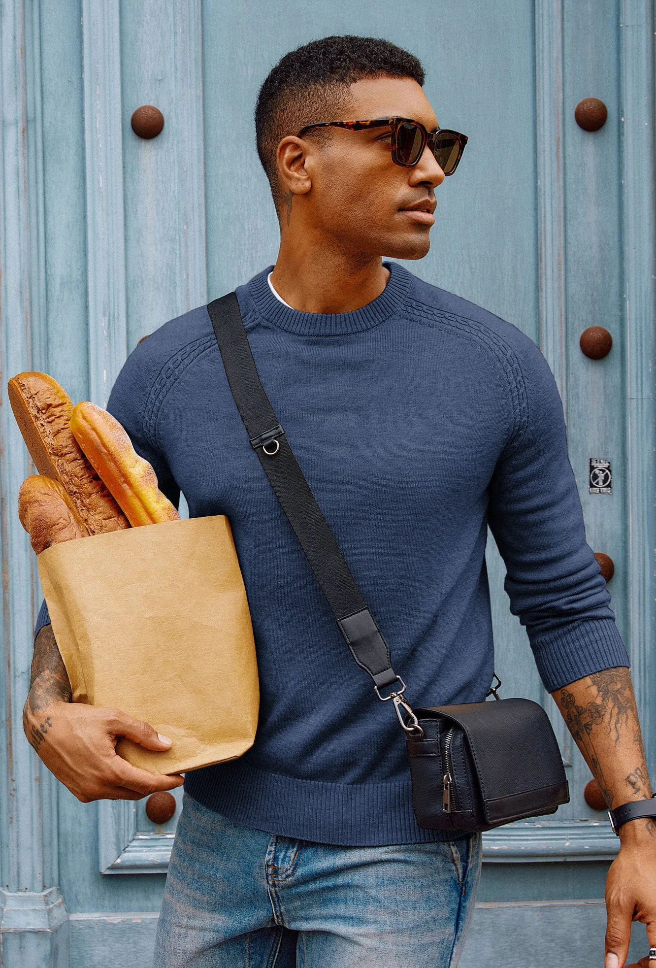 Men Stylish Sweater Long Raglan Sleeve Crew Neck Ribbed Cuff Pullover