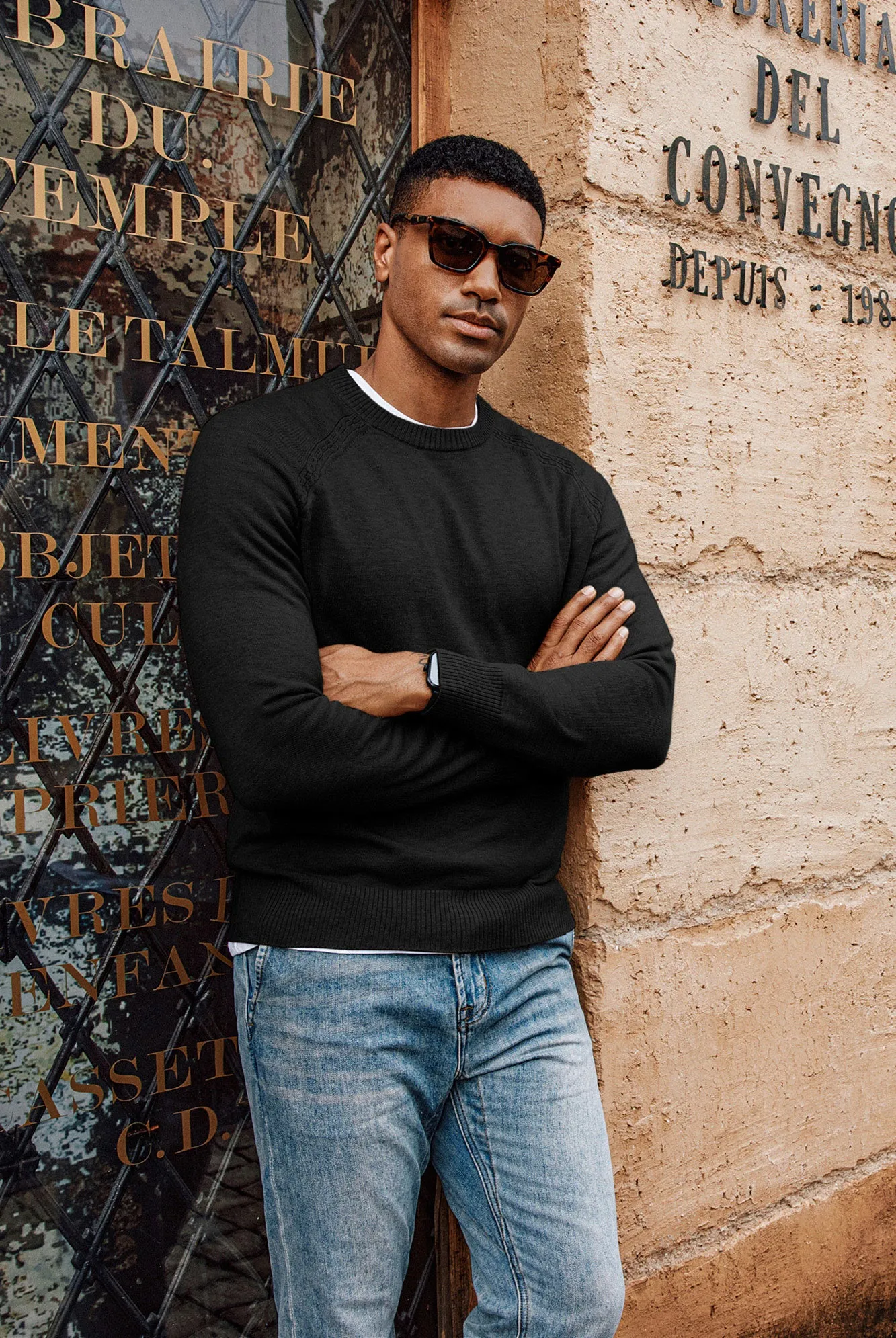 Men Stylish Sweater Long Raglan Sleeve Crew Neck Ribbed Cuff Pullover